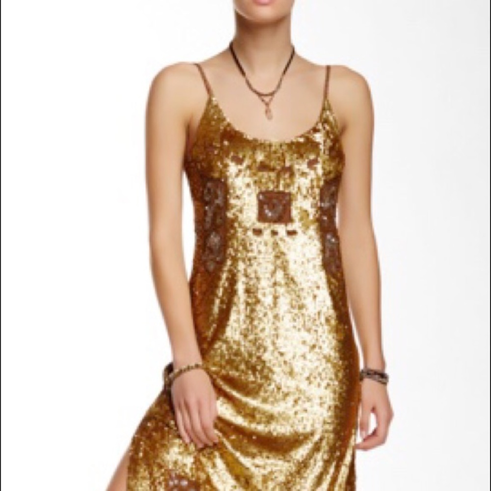 Gold Sequin Free People Long Dress